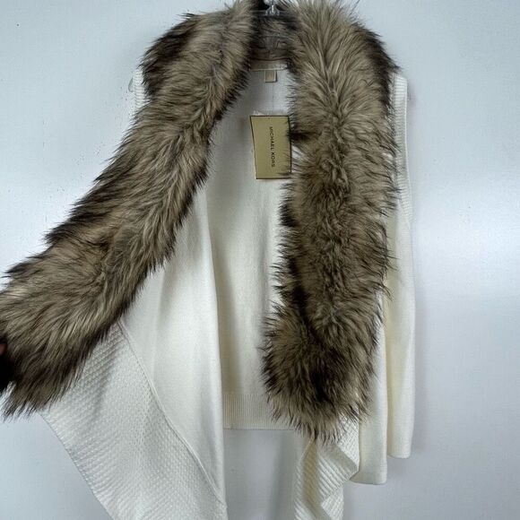 Michael Kors Faux Fur Vest Large Cream Waterfall Sweater Removable Collar NWT - Picture 2 of 10